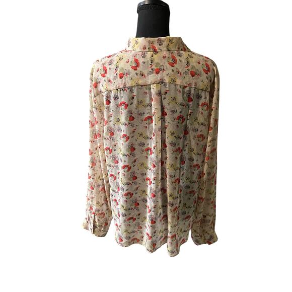 Ann Taylor LOFT Long Sleeve Sheer Cream Red Floral Button Up Blouse, Sz XL - Picture 3 of 10